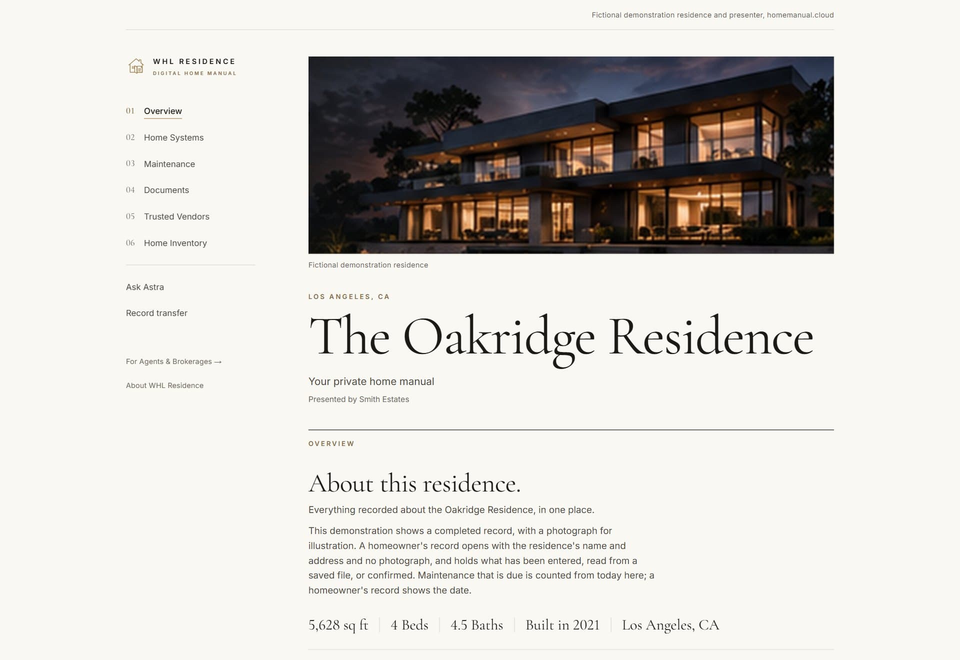 The Oakridge Residence home manual: the overview page, with the record's numbered sections listed beside a photograph of the house, the name of the residence, and the opening of its overview