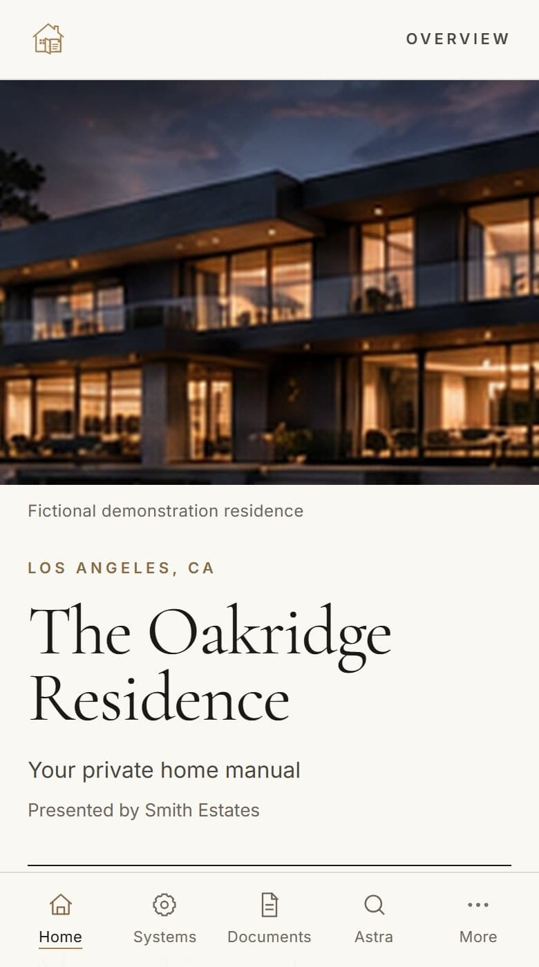 The Oakridge Residence home manual on a phone: the overview page with the house photograph, the name of the residence, and the bar of sections along the bottom